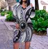 Women Plus Size V Neck Long Sleeve Printed Fitted Straight Dress White Black