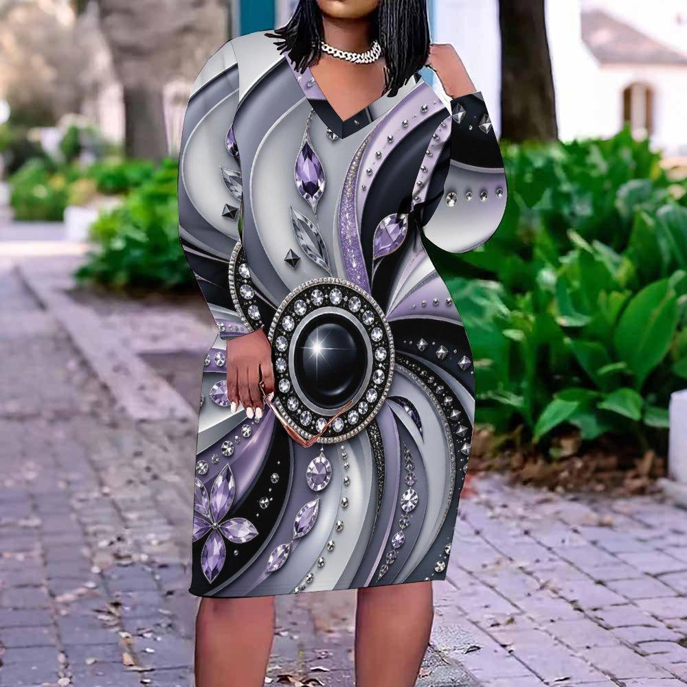 Women Plus Size V Neck Long Sleeve Printed Fitted Straight Dress White Black