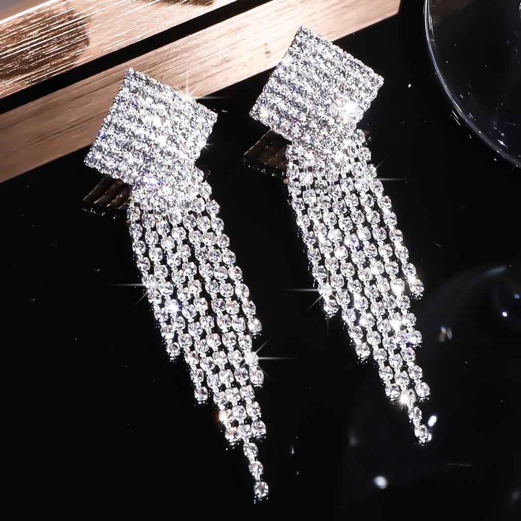 Geometric Square Shiny Rhinestone Long Fringed Earrings