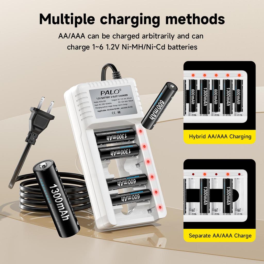 PALO Rechargeable Battery AA 1.2V Ni-MH Batteirse AA(HR6) 1300mAh and AAA(HR03) 600mAh NI-MH 2A/3A Rechargeable Batteries+6-slot charger