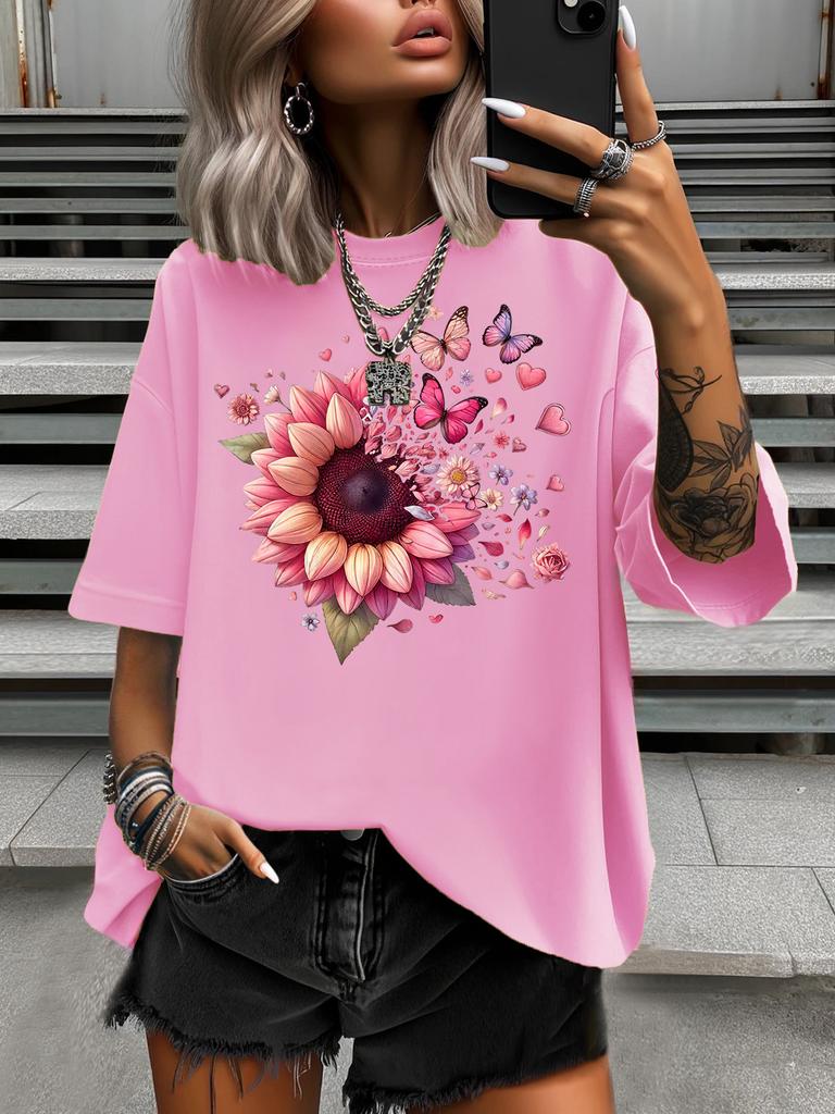 Pink Sunflower Butterfly Printed Summer Women's Plus Size T-Shirt Women's Casual Round Neck Short Sleeved Tops