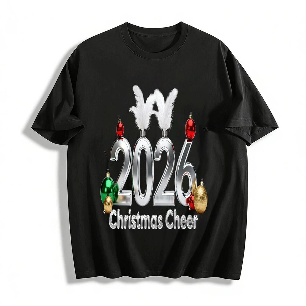 2026 Christmas Cheer Shiny Number Print Festive Casual Top Pure cotton T-shirt XXS