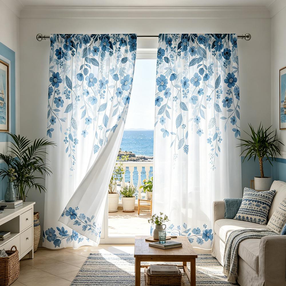 2PCS Blue White Branch Leaf Curtains, Botanical Nature Print, Window Drapes for Living Room Bedroom Home Decor