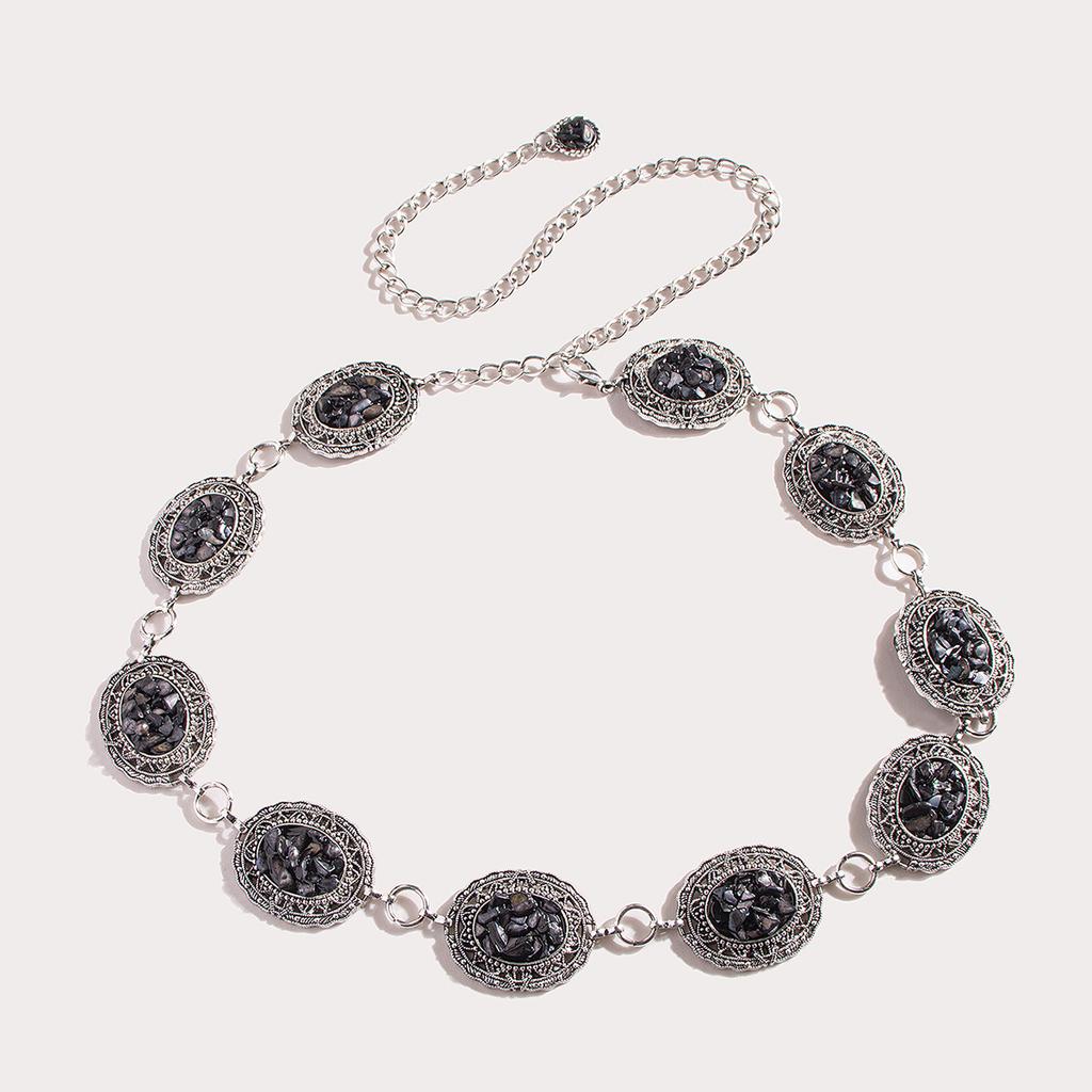 Spring Heavy Industry Retro Engraving Hollow Palace Style Turquoise Metal Women's Waist Chain Belt