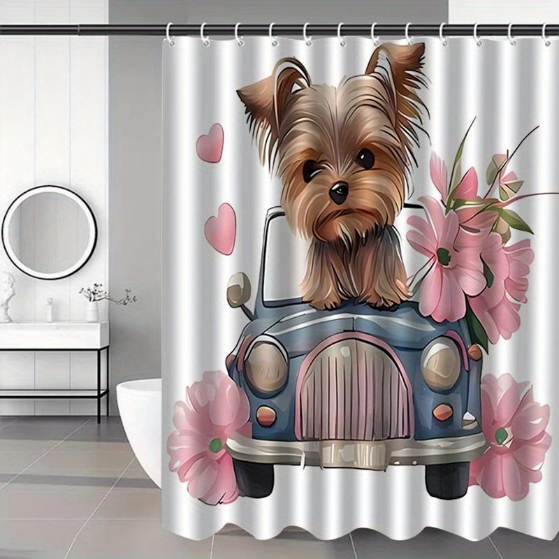 Cute Yorkie Dog Shower Curtain Car And Flowers Art Pet Lover Decor Romantic Hearts Waterproof Fabric Bath Curtain Set Home