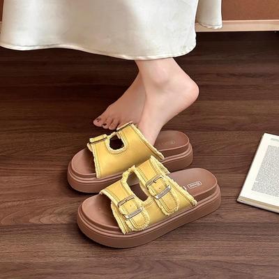 Cowhide Version Thick-bottomed Shit-stepping Slippers for Women's Summer Wear 2025 New Thick-bottomed Beach Vacation Wind One-word Cool Slippers