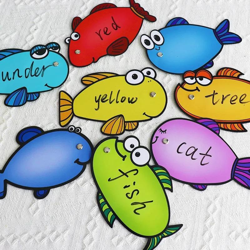 Fish-shaped Dry Erasable Cards With Magnetic Fishing Rod Teaching Aid Wirting Cards Kids DIY Educational Learning Montessori Toy