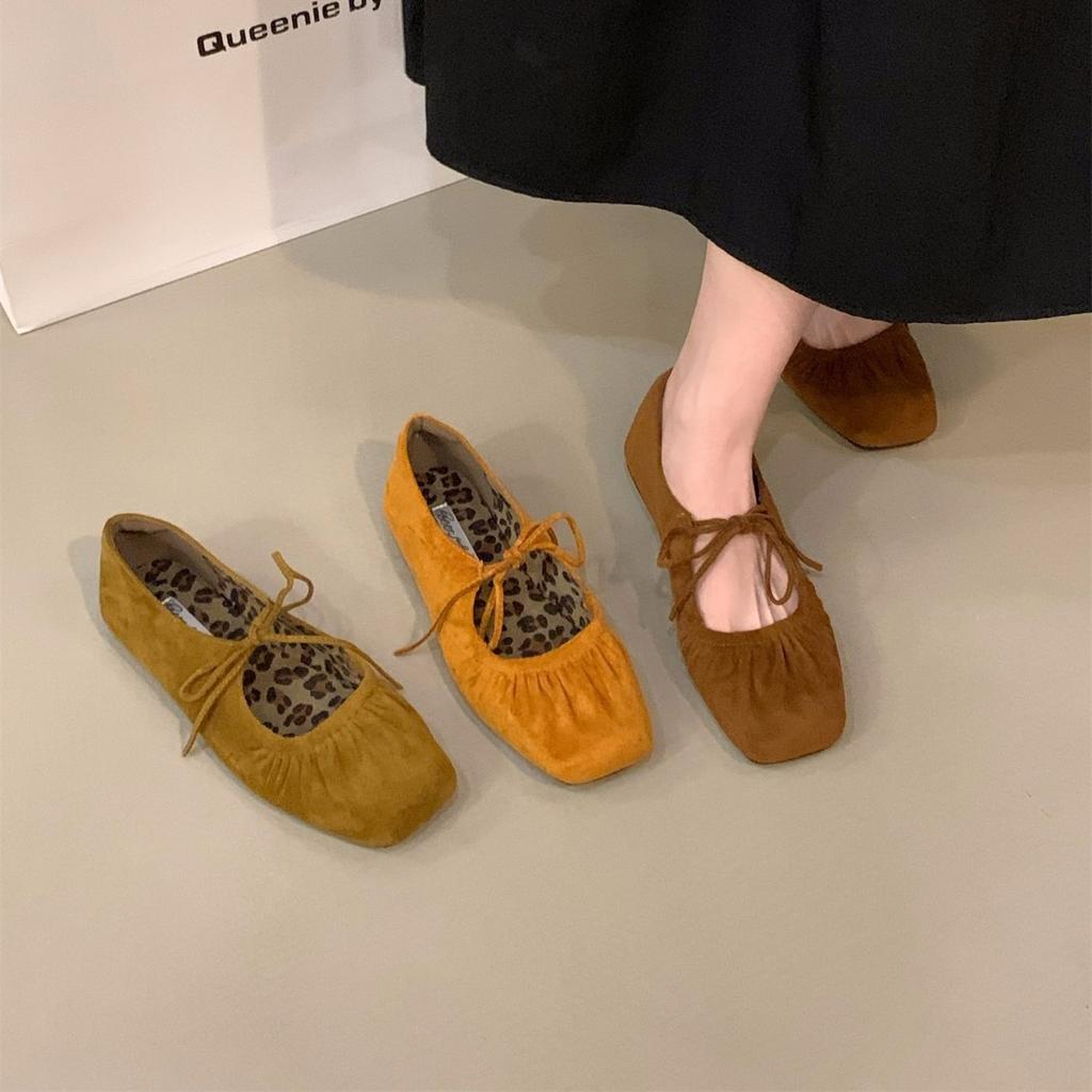 Flat-bottomed Pleated Skirt Mary Jane Single Shoes Women's Shoes 2025 Spring and Autumn Suede Lace-up Bow Evening Shoes