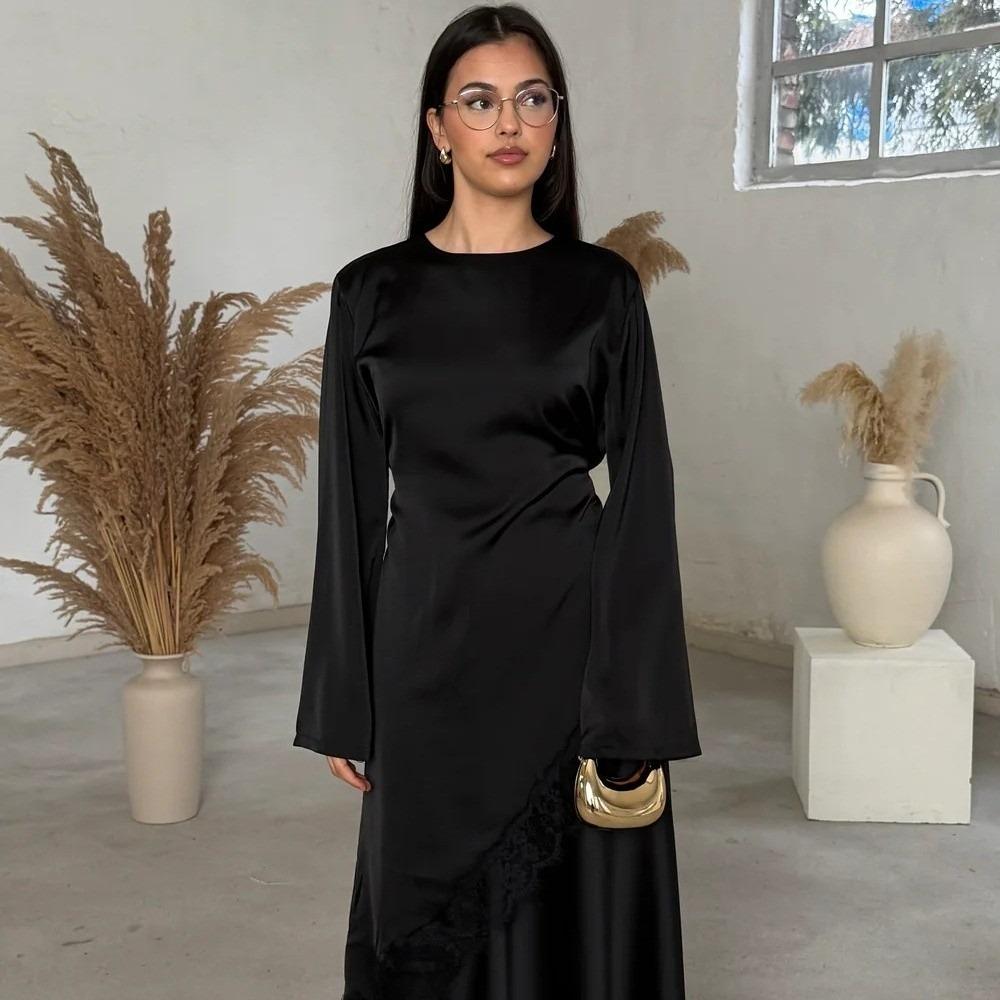 Платье с длинным рукавом, асимметричное, кружевной нижний край, длинная рубашка, свободный стиль, блузка, для работы, для прогулок L чёрный