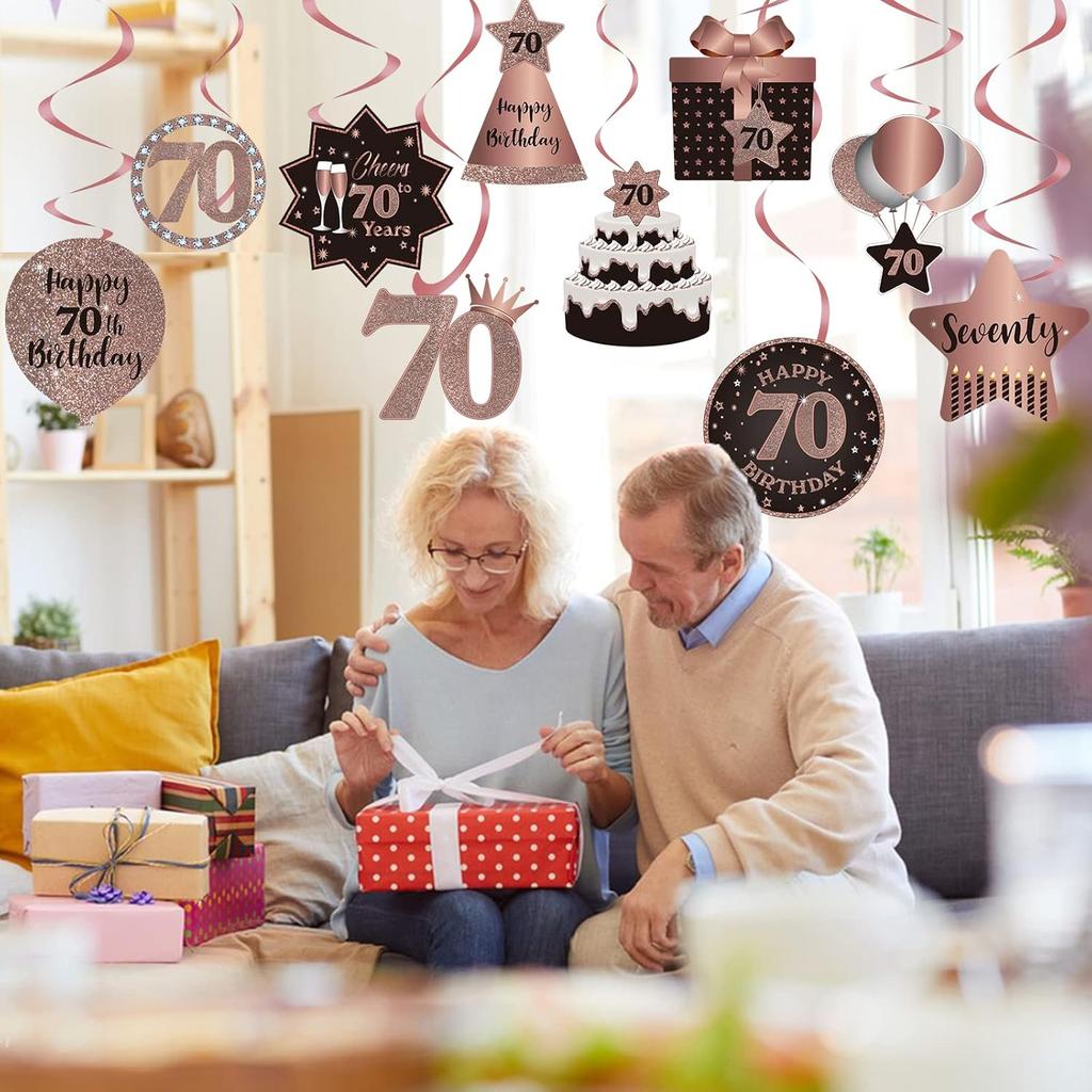 Happy 70th Birthday Party Hanging Swirls Streams Ceiling Decorations, Celebration 70 Foil Hanging Swirls with Cutouts for 70 Years Old Rose Gold