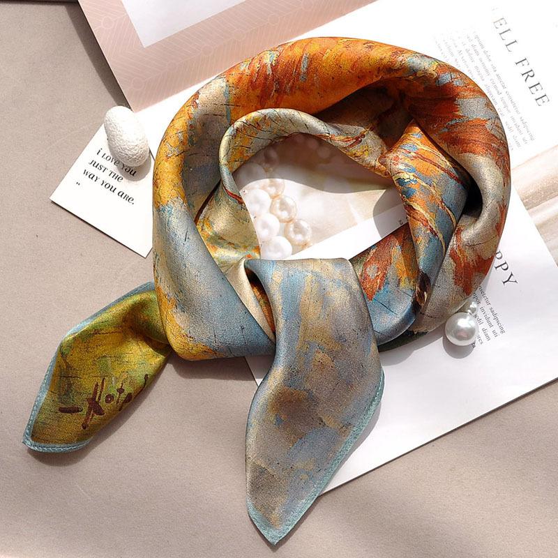 Luxury Apricot Print 70*70cm Silk Square Scarf Women Soft Satin Hairband Neckerchief Tie Female Headband Foulard Bag Ribbon Gift