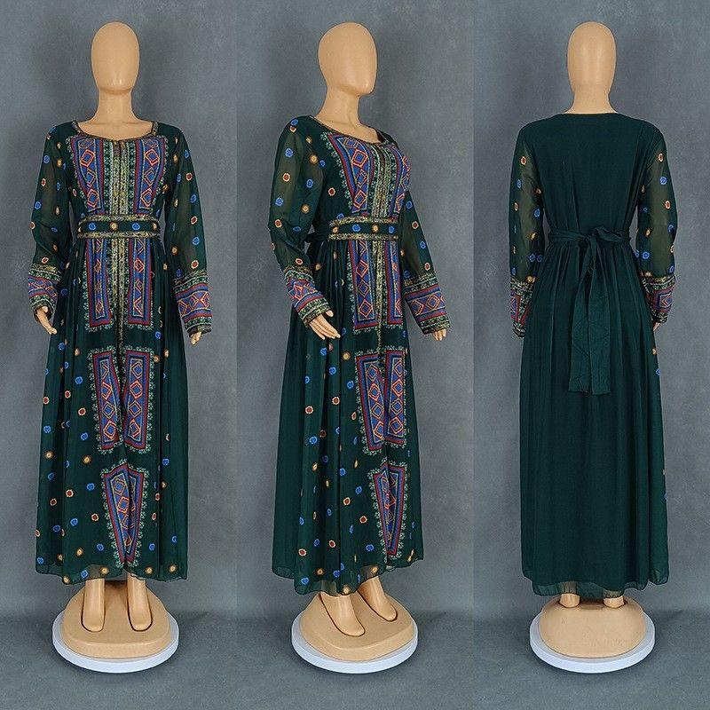 Cross-Border European and American Middle East Print Sequins Women Clothes New Fashion Dubai Robe Chiffon Travel Dress Dress