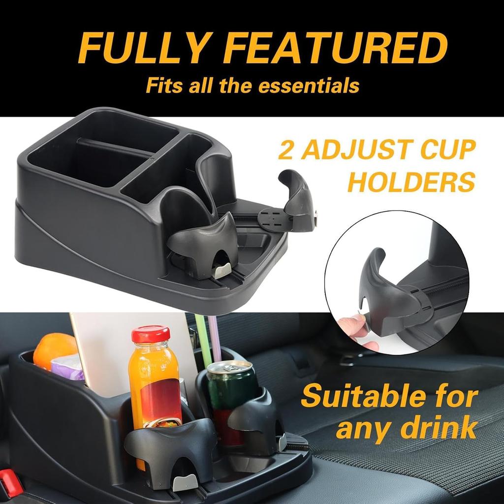 Universal Big Center Console for Cars, Trucks, Minivans, SUVs, Car Console Organizer with 2 Adjustable Cup Holders, Seatbelt for Secure Hold Car Seat
