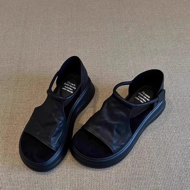 Sheepskin Version~ French Retro Platform Thick Heel Leather Sandals Women's Summer Simple Velcro Commuter Open-toed Roman Shoes