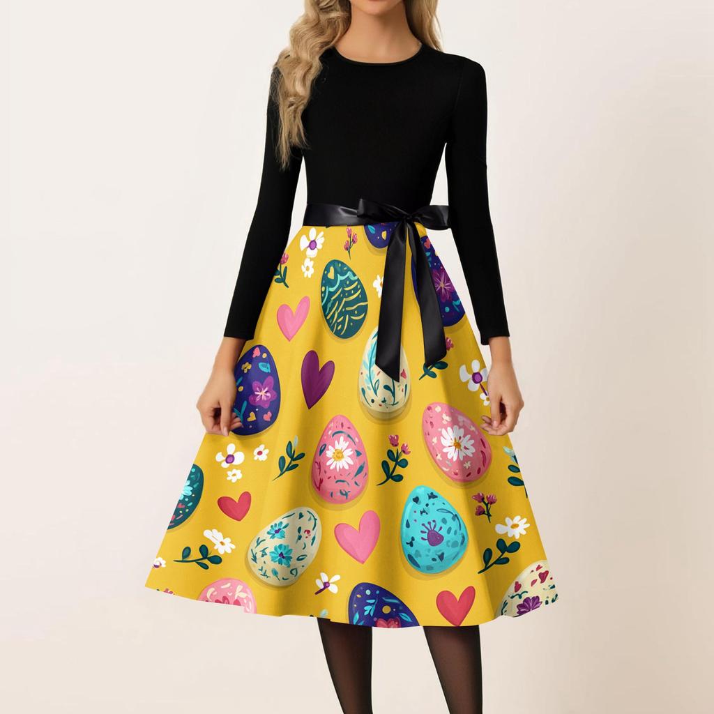 Damen Casual Mode Rundhals Karneval Bedrucktes Vintage Kleid