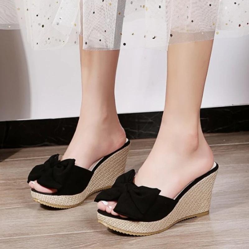 Shoes Female  Fashion Summer Women's Slippers Solid Flock Butterfly-knot High Heels Water Proof Daily Platform Slippers