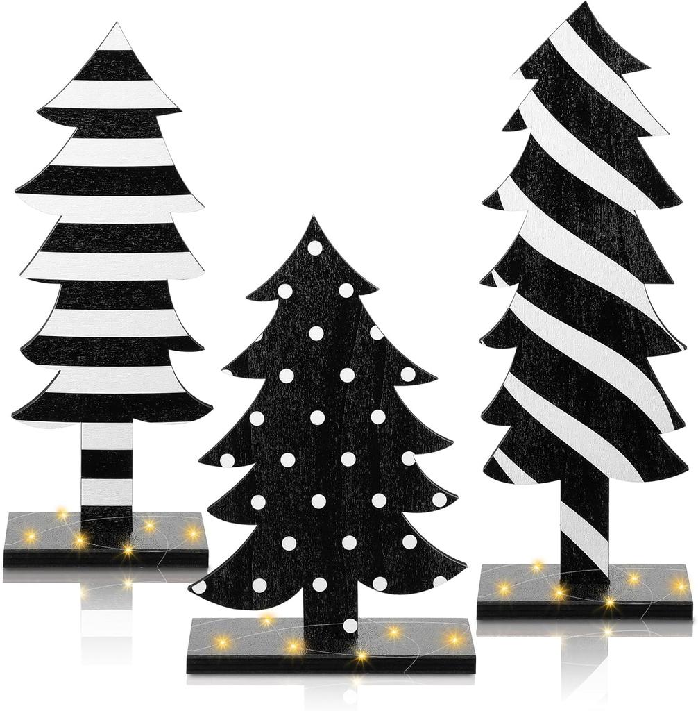3 Pcs Wooden Christmas Tree Tabletop Decor, Black & White Freestanding Handmade Xmas Centerpiece for Home Party