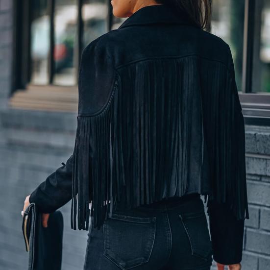 Women's Casual Tassel Jacket Long Sleeve Lapel Fringed Cropped Coat Faux Suede Motorcycle Outwear for Spring Autumn