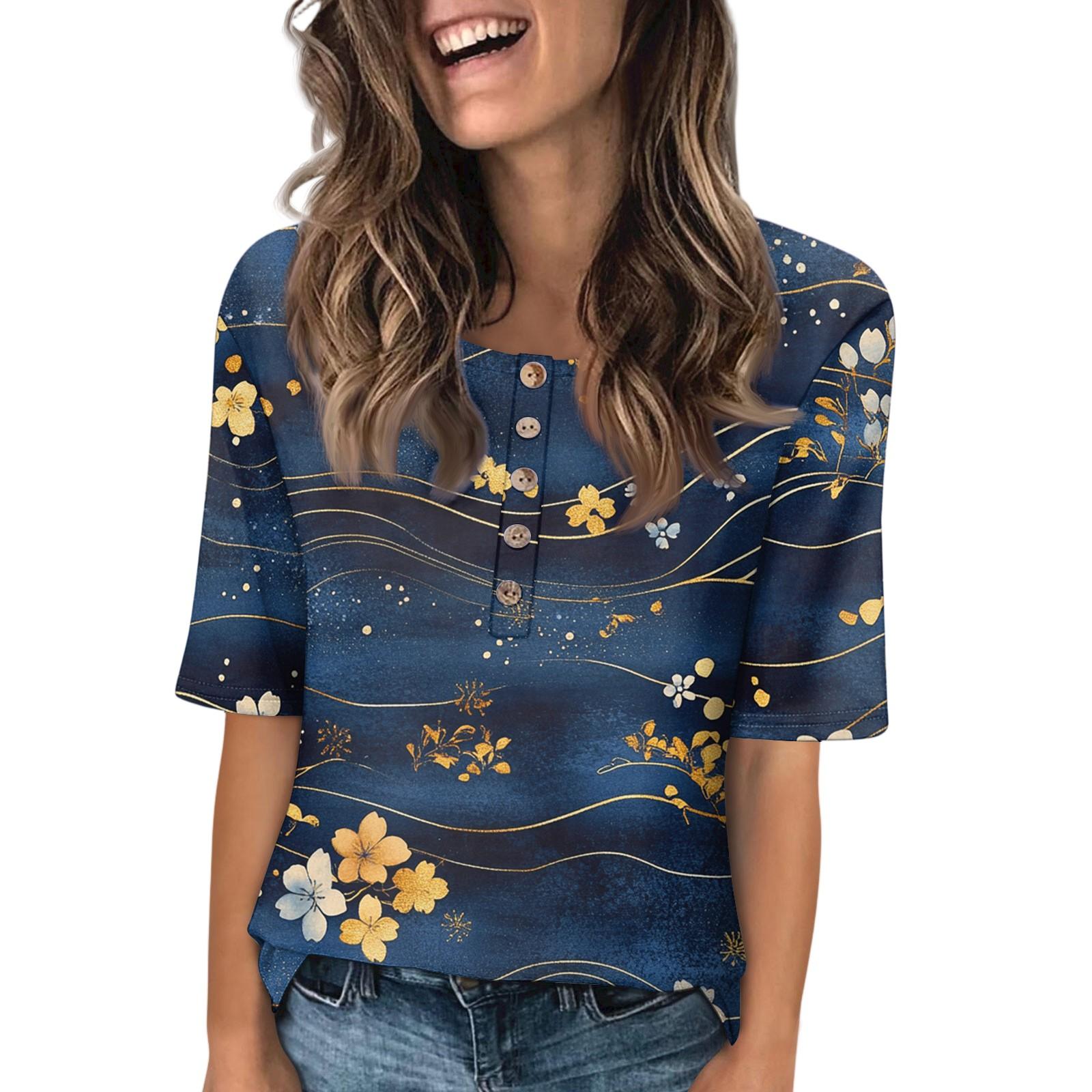 

Жіноча модна блузка з принтом, круглим вирізом, ґудзиками та рукавом три чверті XL Темно-синій