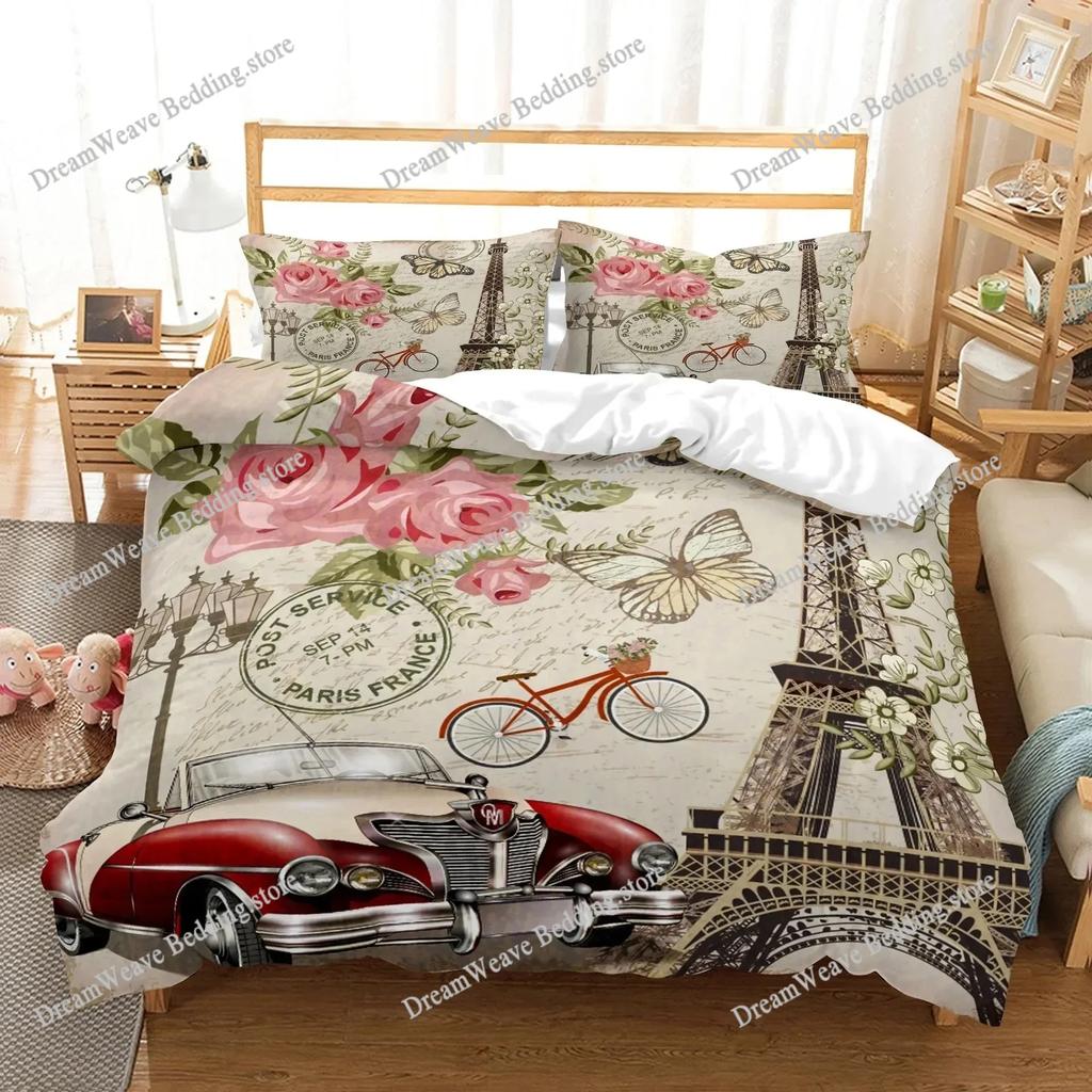New York Statue of Liberty Duvet Cover KingQueen Size Retro Car Nostalgic 50s Polyester Bedding Set,Vintage Car Quilt Cover9639