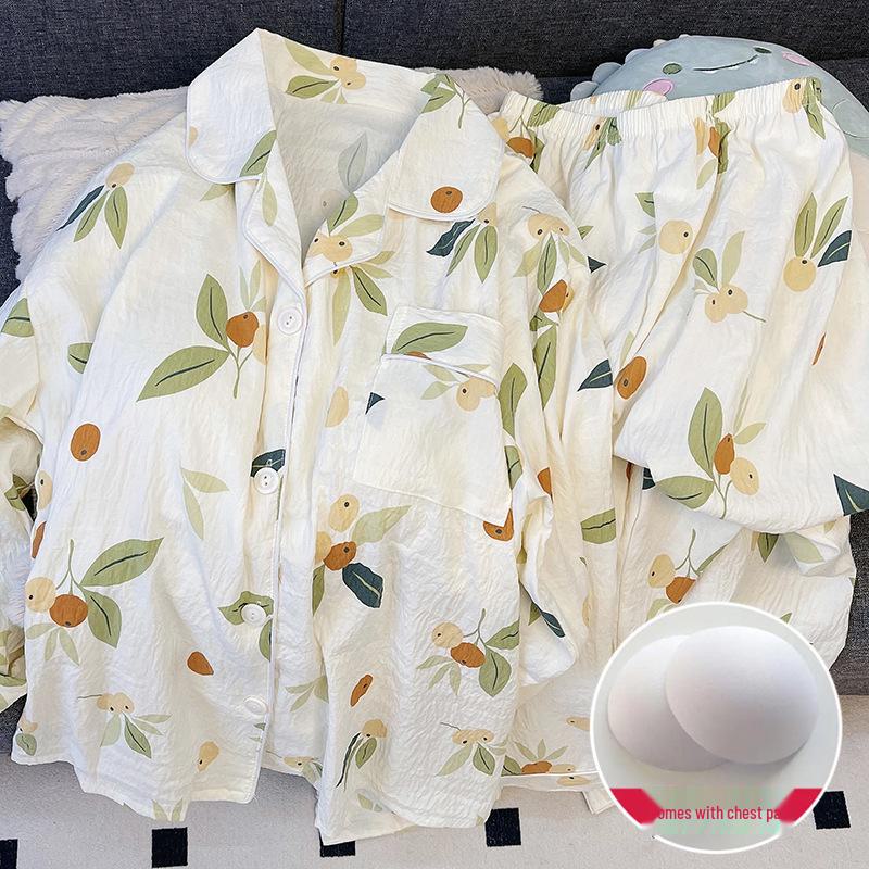 Women's Spring/Autumn Pajama Set: Thin Cloud Cotton with Chest Pads, Long-Sleeved Cardigan, Sweet and Cute Homewear.