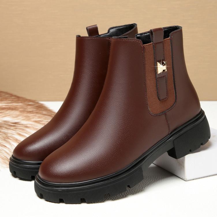 Mom Cotton Shoes Thick Heel Women's Cotton Leather Shoes Soft Sole Middle Heel Short Boots Non-slip    and Elderly Women's Shoes Cotton Boots
