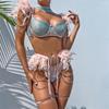 Free Shipping Hot Selling Erotic Underwear Feather Clash Color Chain Bra Thong Set Lingerie with Garter Belt Sexy Four Piece Set