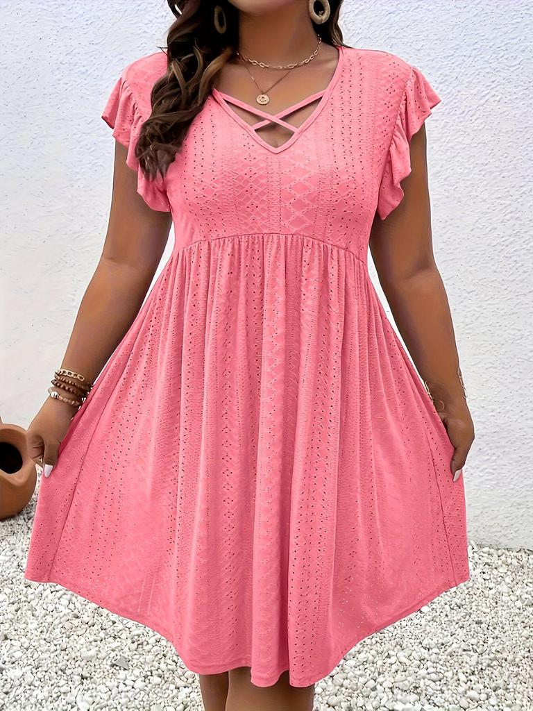 2025 European Spring Women's V-neck Hollow Short Sleeve Cover-up Dress