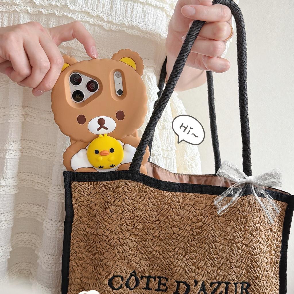 3D Rilakkuma Bear Hugging Duck Silicone Phone Case Soft Shockproof Cute Cartoon Cover for iPhone 17ProMax 17 16 15 14 13 Pro Max