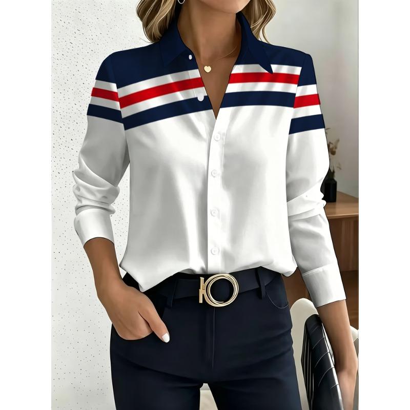Camicia a righe da donna, design con colletto e maniche lunghe, versatile per un look casual da lavoro, creando un outfit curato e giovanile