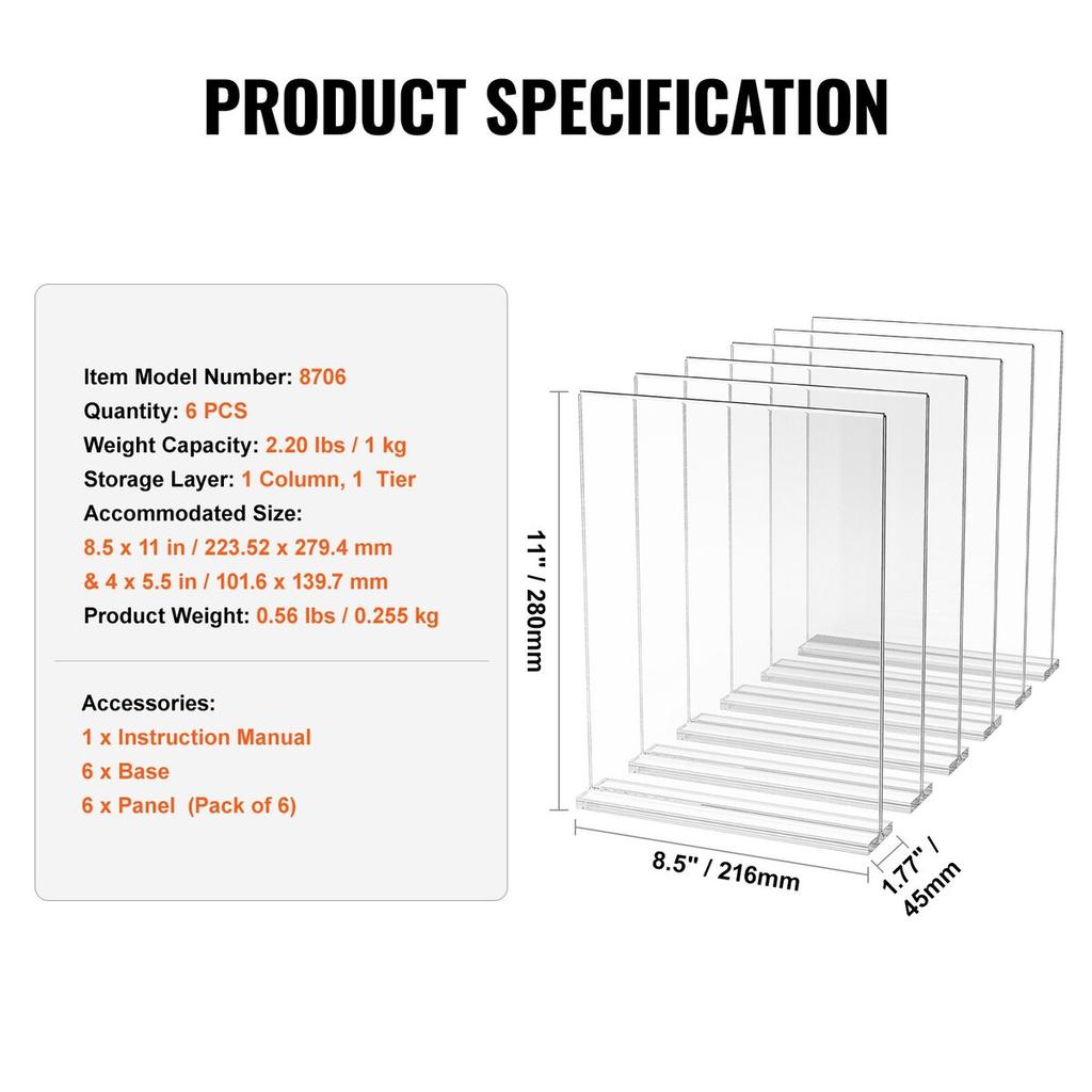 Acrylic Sign Holder 6 Pack 8.5 x 11-inch Double Sided Display Sign Stand