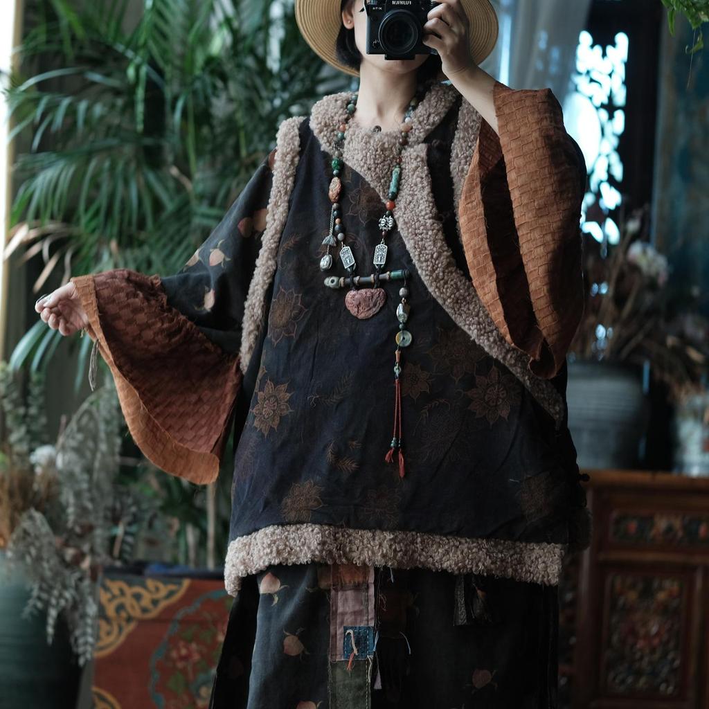 Johnature Women Chinese Coats Print Floral Patchwork Warm Winter Vintage Female Coats