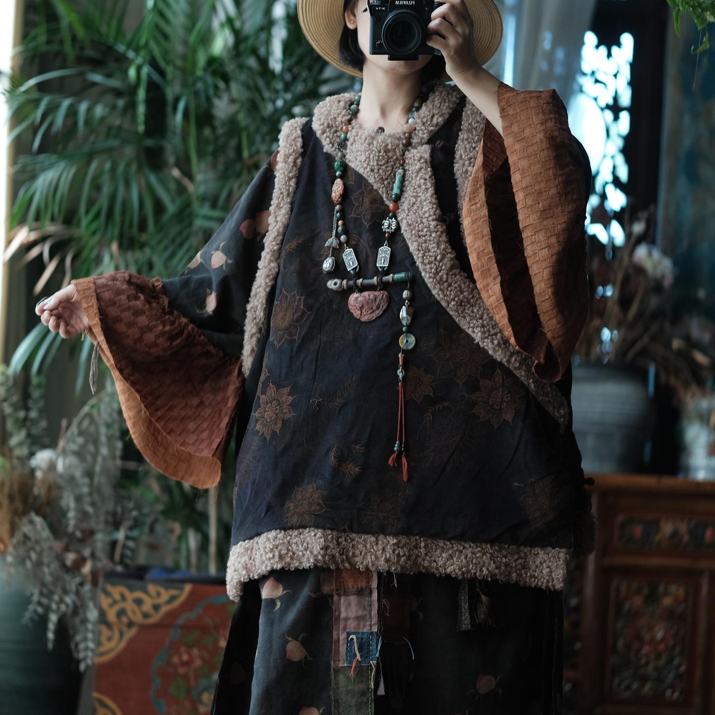 

Johnature Women Chinese Coats Print Floral Patchwork Warm Winter Vintage Female Coats One Size