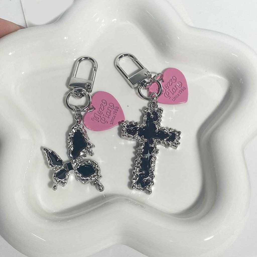 Gothic Crosses Butterfly Keychain Dark Tone Zinc Alloy Portable Sturdy Accessory for Keys Bags Everyday Use
