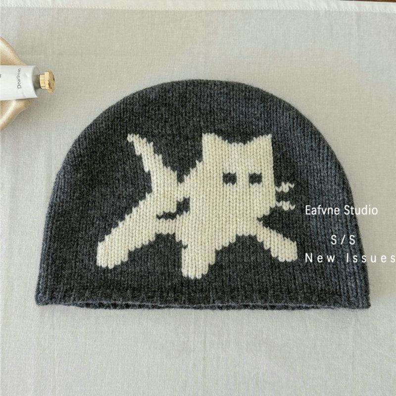New Pure Wool Kitten Knitted Hat Women's Autumn and Winter Warm Fashion Versatile Casual Face Small Pullover Hat