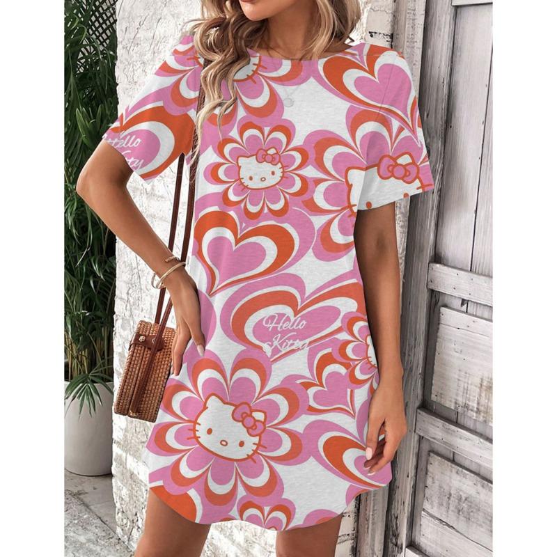 Mini Sukienka Elegancka Sukienka Damska Hello Kitty Okrągły Dekolt Krótki Rękaw Modna Lato 2025 Moda Seksowna