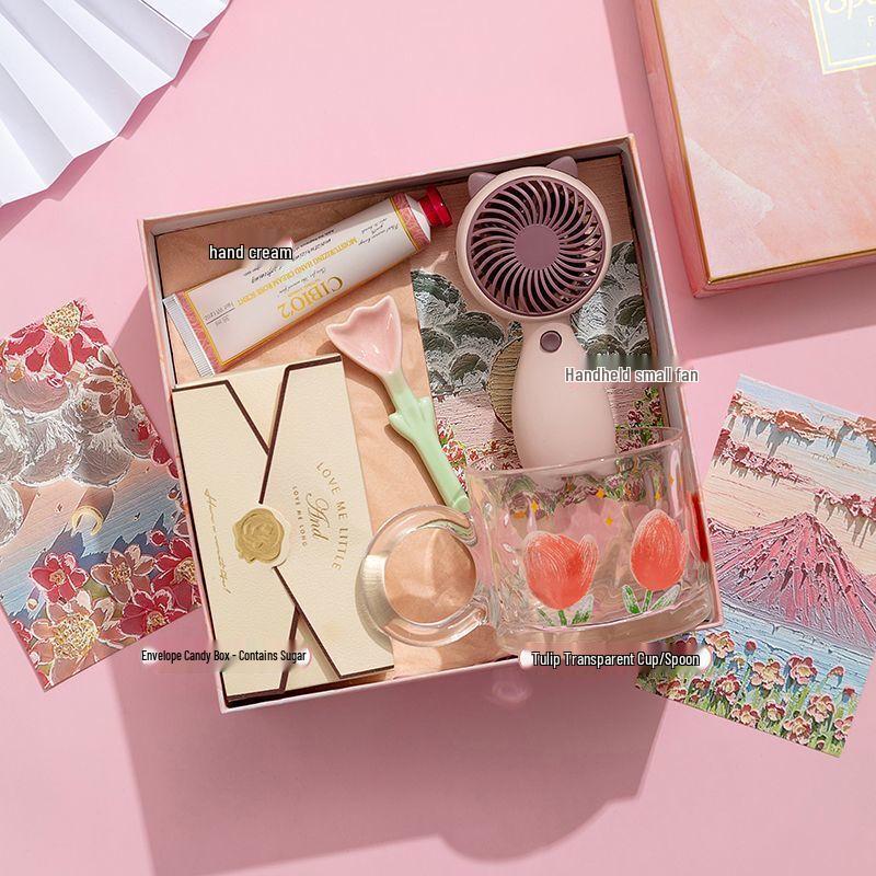

Commemorative Glass Cup Gift Set Glass Cup, Spoon, Fan, Hand Cream