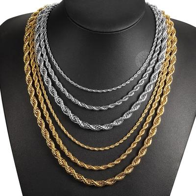 Colar de corrente de corda torcida de aço inoxidável masculino e feminino, acessórios de joias de prata dourada