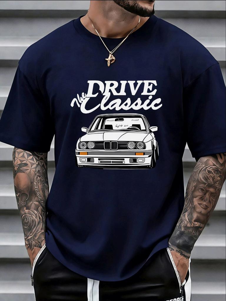 Unisex Crew Neck Tee Drive Classic Retro Car Letter Print Short Sleeve Oversized Male Daily Casual Soft Breathable Basic Wear Tee