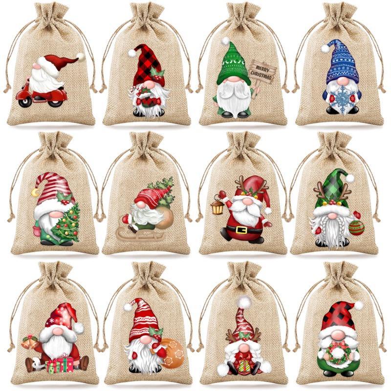 12pcs/set Christmas Linen Drawstrings Party Gift Bags Santa Claus Candy Bags Linen Packaging Bags Christmas Tree Ornament 13x18cm