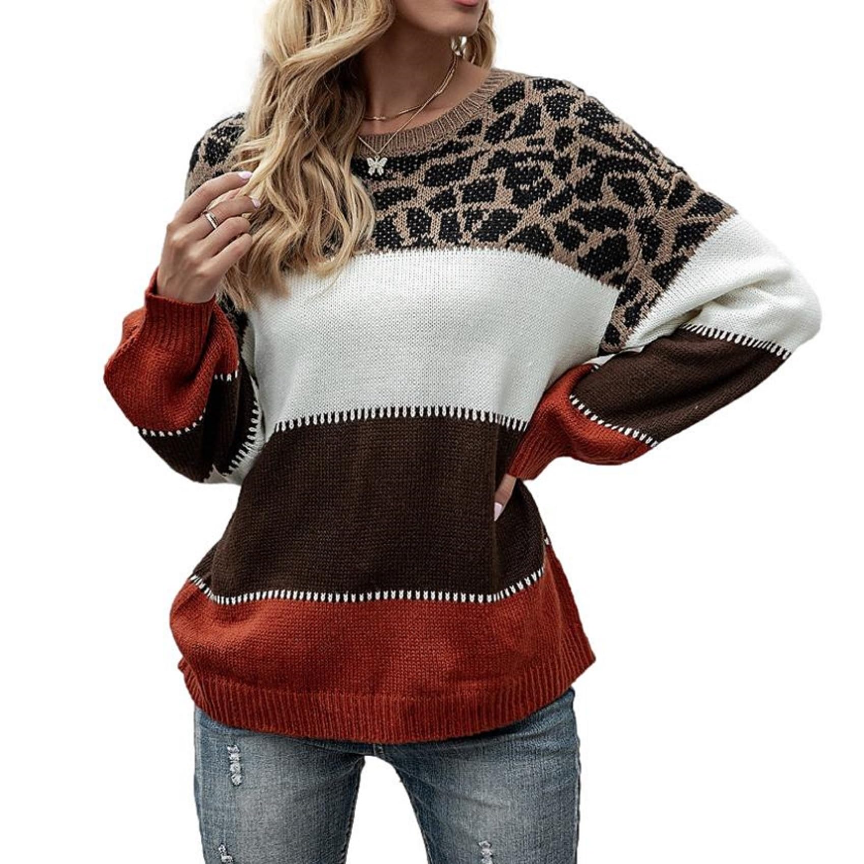 

Женский вязаный свитер J-Scott с леопардовым принтом и полосатым рисунком, круглым вырезом, спущенным плечом, длинными рукавами, женственного повседневного свободного кроя, красный (JS178-RD-M)