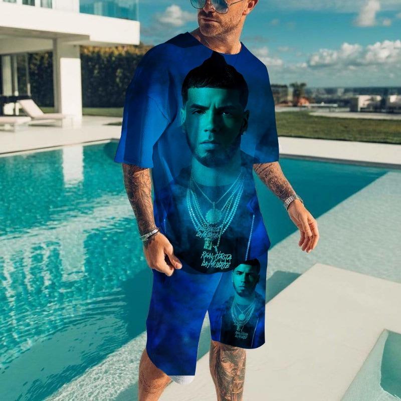 Men T-shirt Sets Rapper Anuel AA 3D Print Fashion Tracksuit T Shirts Shorts 2 Pieces Male Streetwear Oversized Suits Sportswear
