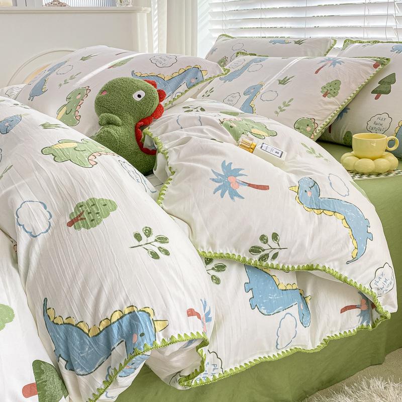 Κρεβάτι με διπλό νήμα Σετ τεσσάρων τεμαχίων Floral τριμμένο παπλωματοθήκη Πλυμένο βαμβακερό σεντόνι κοιτώνα Κρεβάτι τριών τεμαχίων