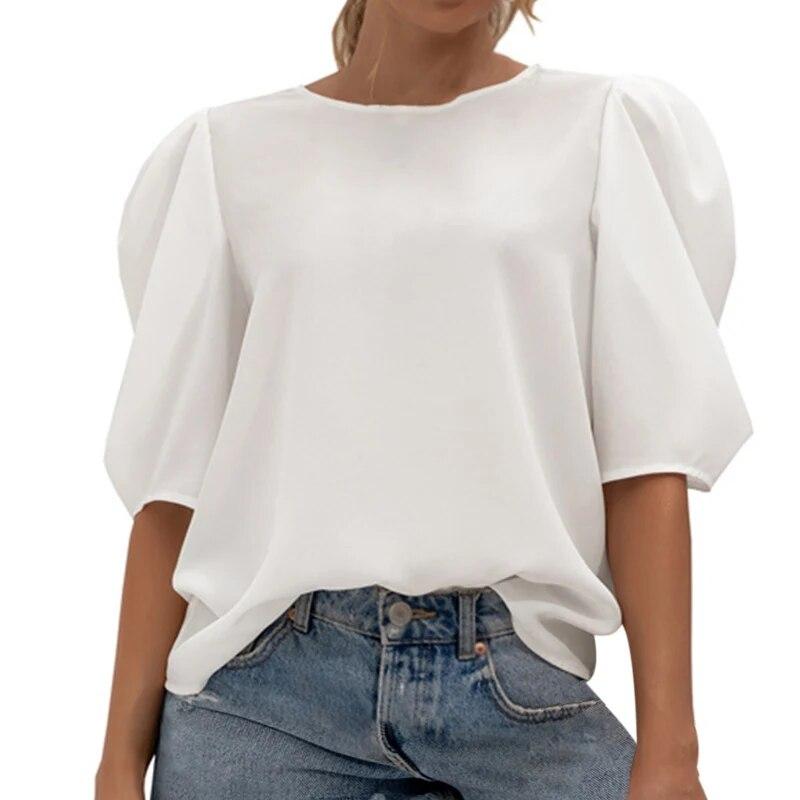 

Однотонный шифоновый топ с круглым вырезом и рукавами-фонариками M