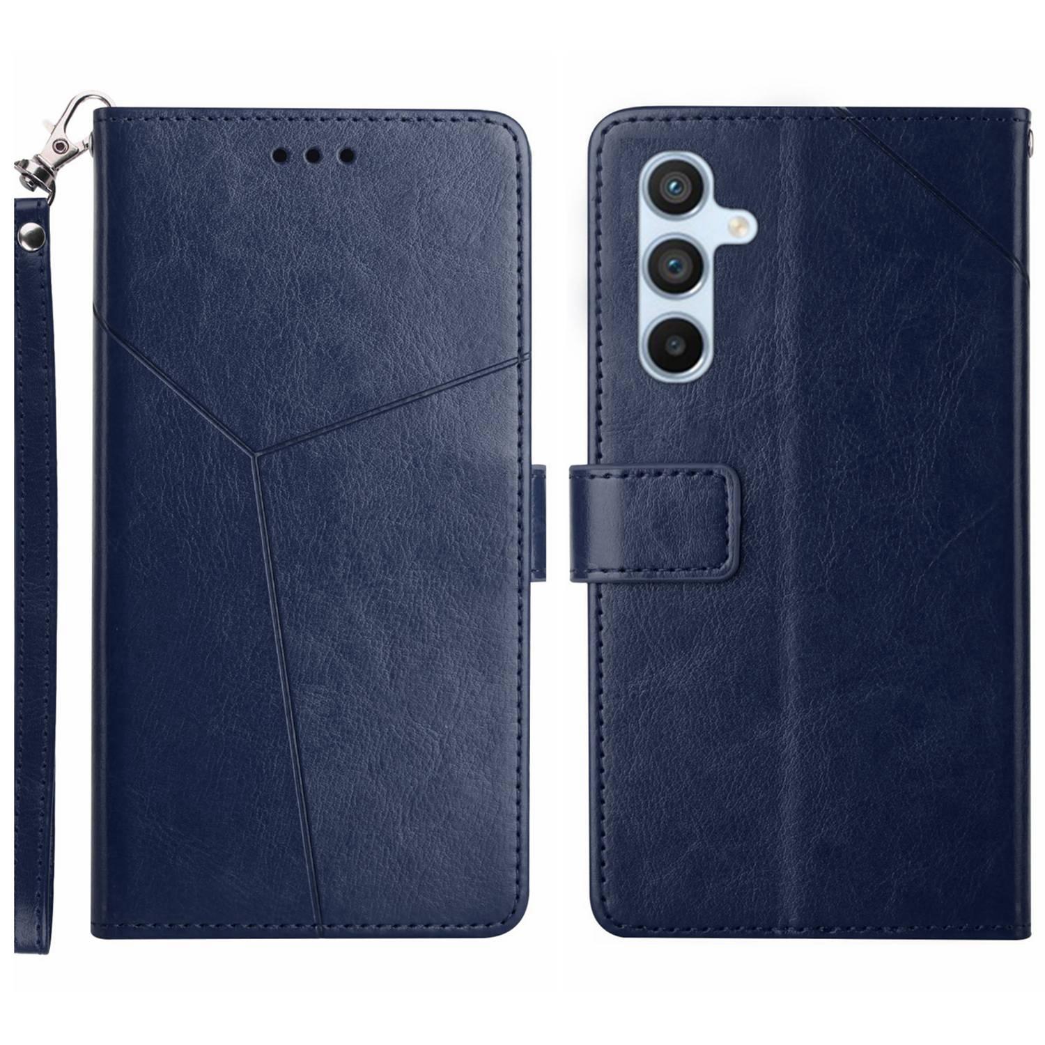 

For Samsung Galaxy M35 5G Case with Wrist Strap Y Shaped Lines Imprint Leather Phone Cover Blue