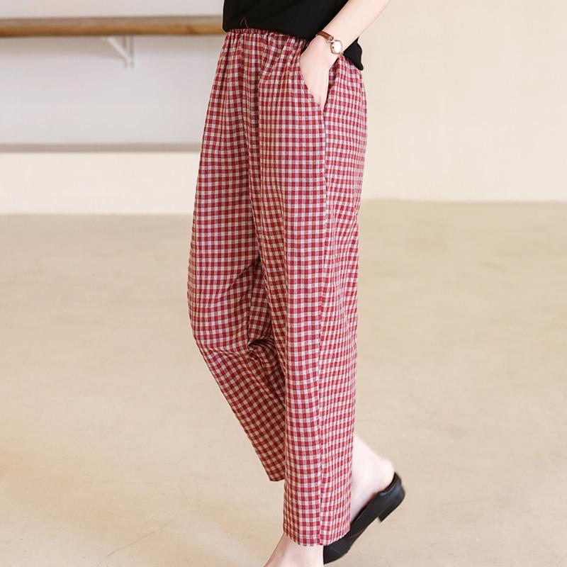 Casual High Waist Pants for Women Plus Size Vintage Striped Elastic Waist Summer Plaid Pants