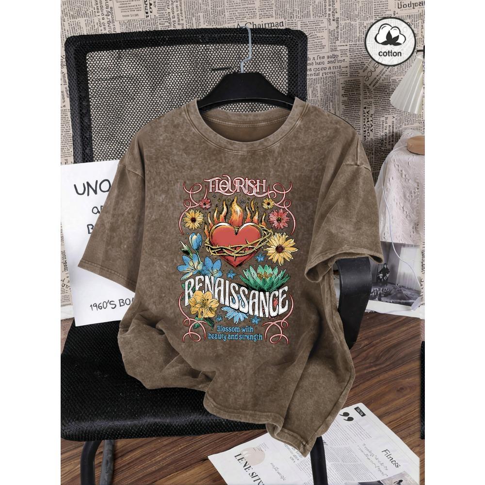Renaissance Printing Washed T Shirts Woman Cotton Oversized T-Shirt Casual Summer Short Sleeves Y2K Womens Clothes