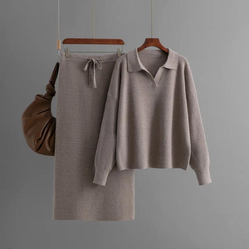 

Нові Модні Спідничні Костюми 2024 Спідниця А-силуету Светр Вільні Двійки В язаний ПОЛО Комір Осінь Зима Вільний Жіночий Лінивий Светр One Size хакі