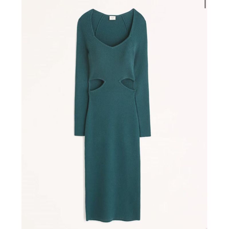 

American ~ Abe. Cut Out Design Knitting Dress Long Sleeves Mid Length Long Length Silm Slim Looking Women s Elegant Such as color green S