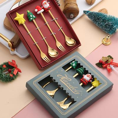 Stainless Steel Spoon Christmas Tree Elk Head Coffee Mixing Spoon Dessert Fruit Fork Home Christmas Decoration Tableware Gifts